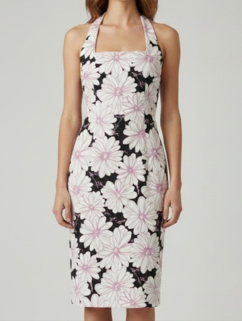 Vintage Evan-Picone Halter Dress Square Neck Size 4 Pink & White Floral on Black